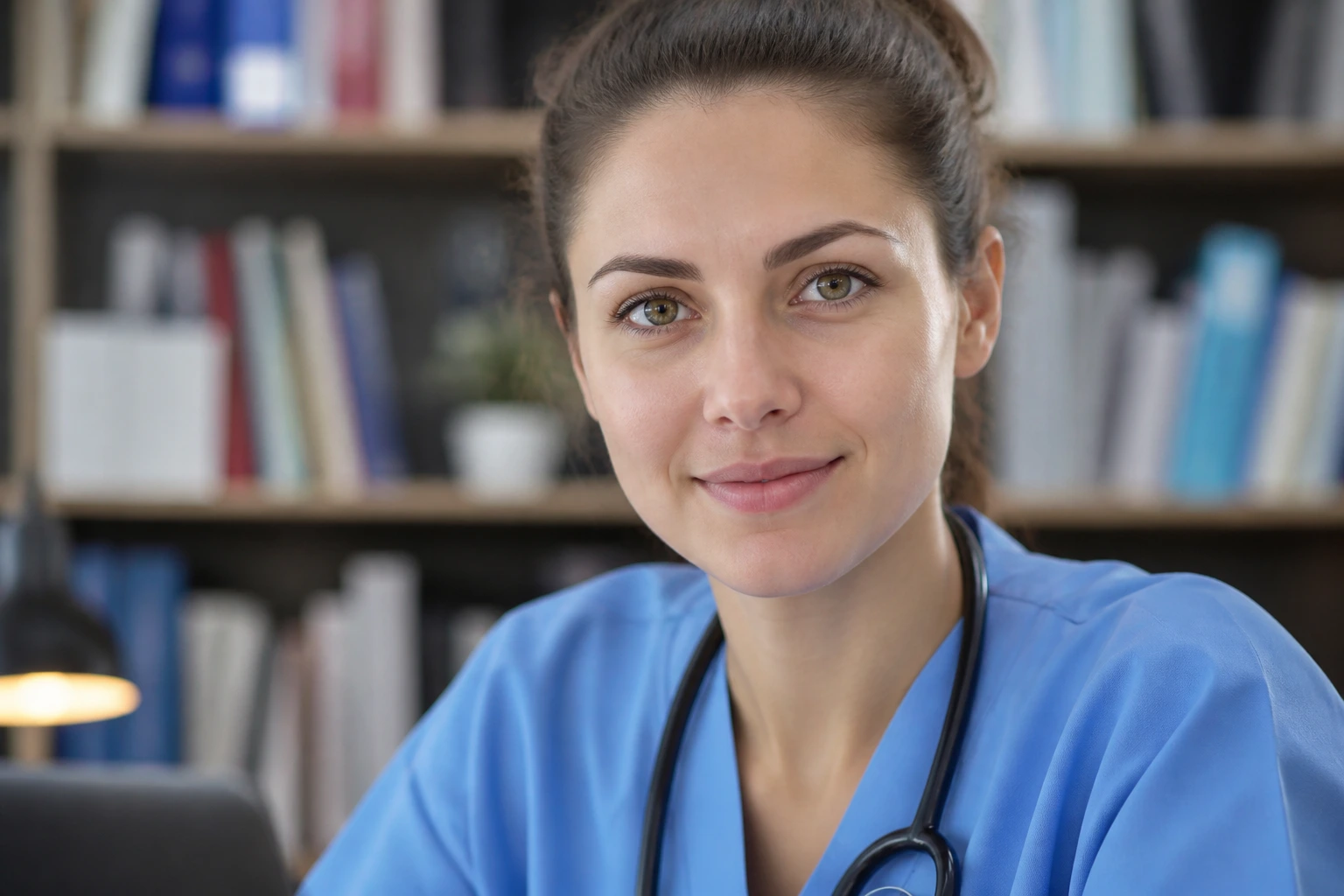 Close-up nurse portrait in study setting illustrating English proficiency requirements