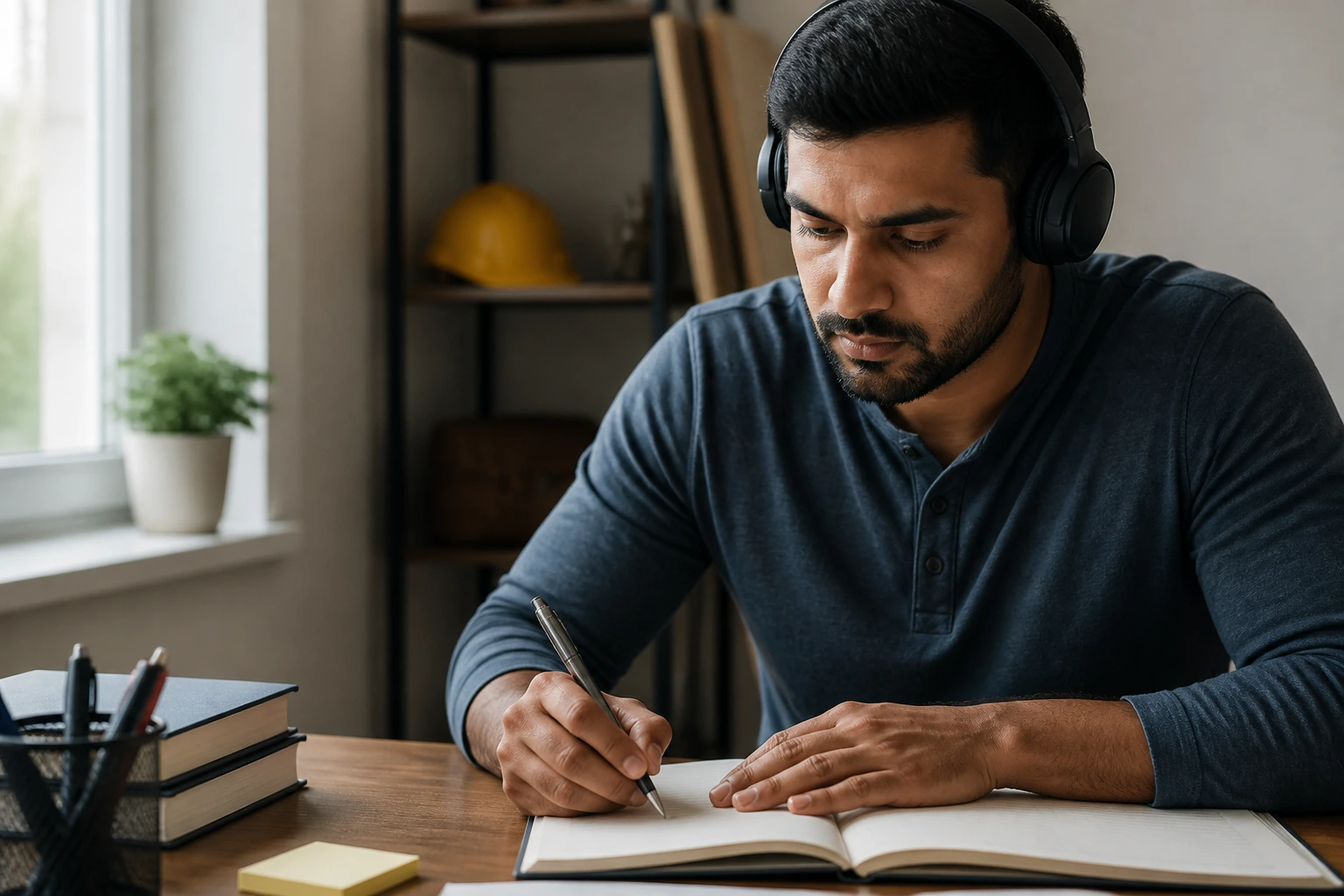 Close-up portrait of a person studying for an English test in natural light