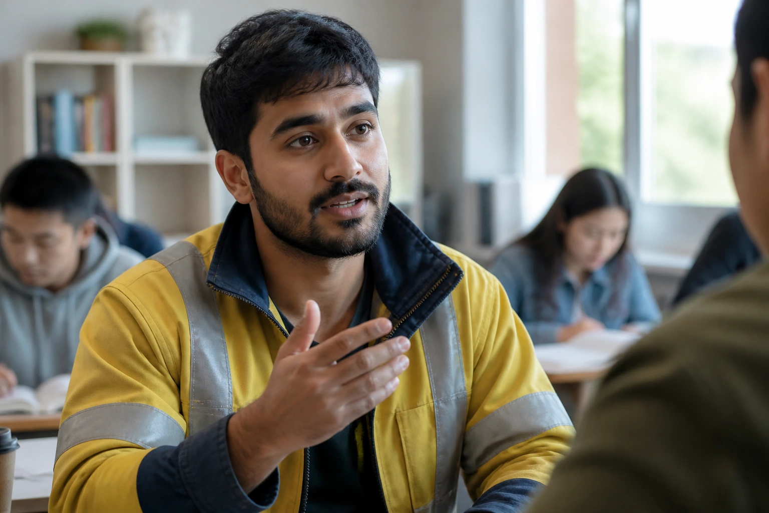 Close-up portrait of a migrant worker speaking, illustrating language proficiency requirements, no text.