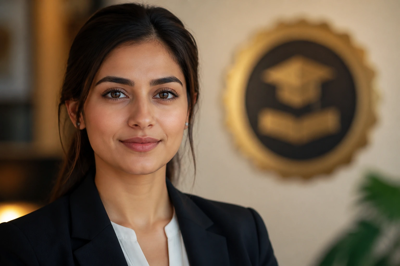 Portrait of a professional with blurred certificate backdrop