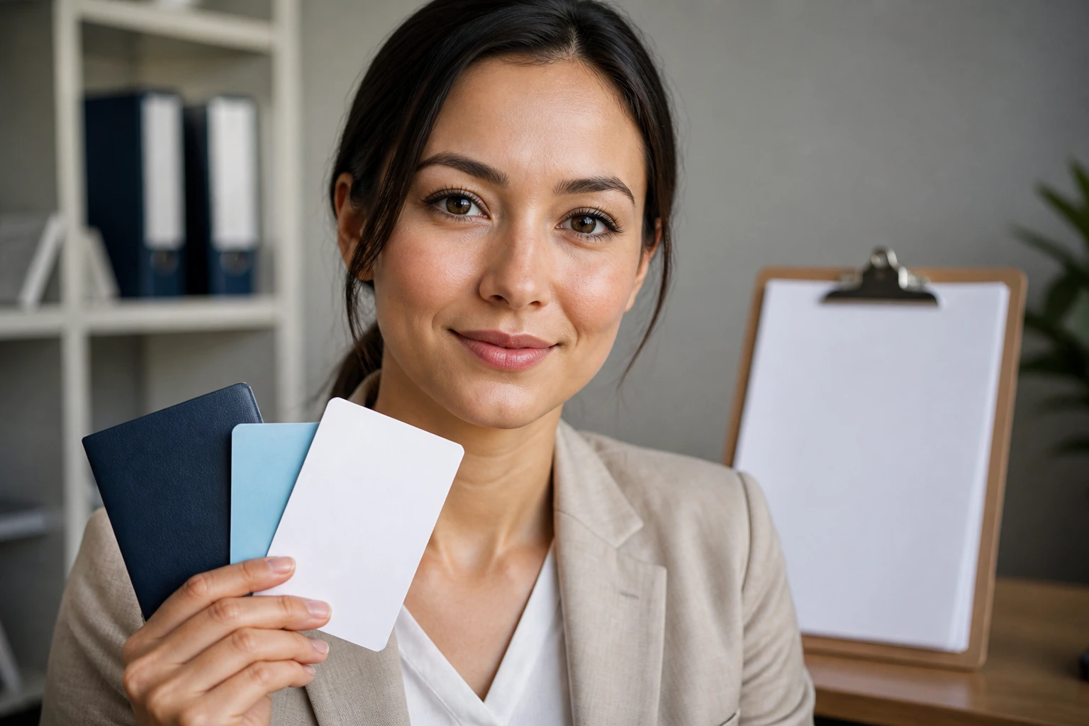 Portrait of a professional with clipboard in HR setting and blank sheets
