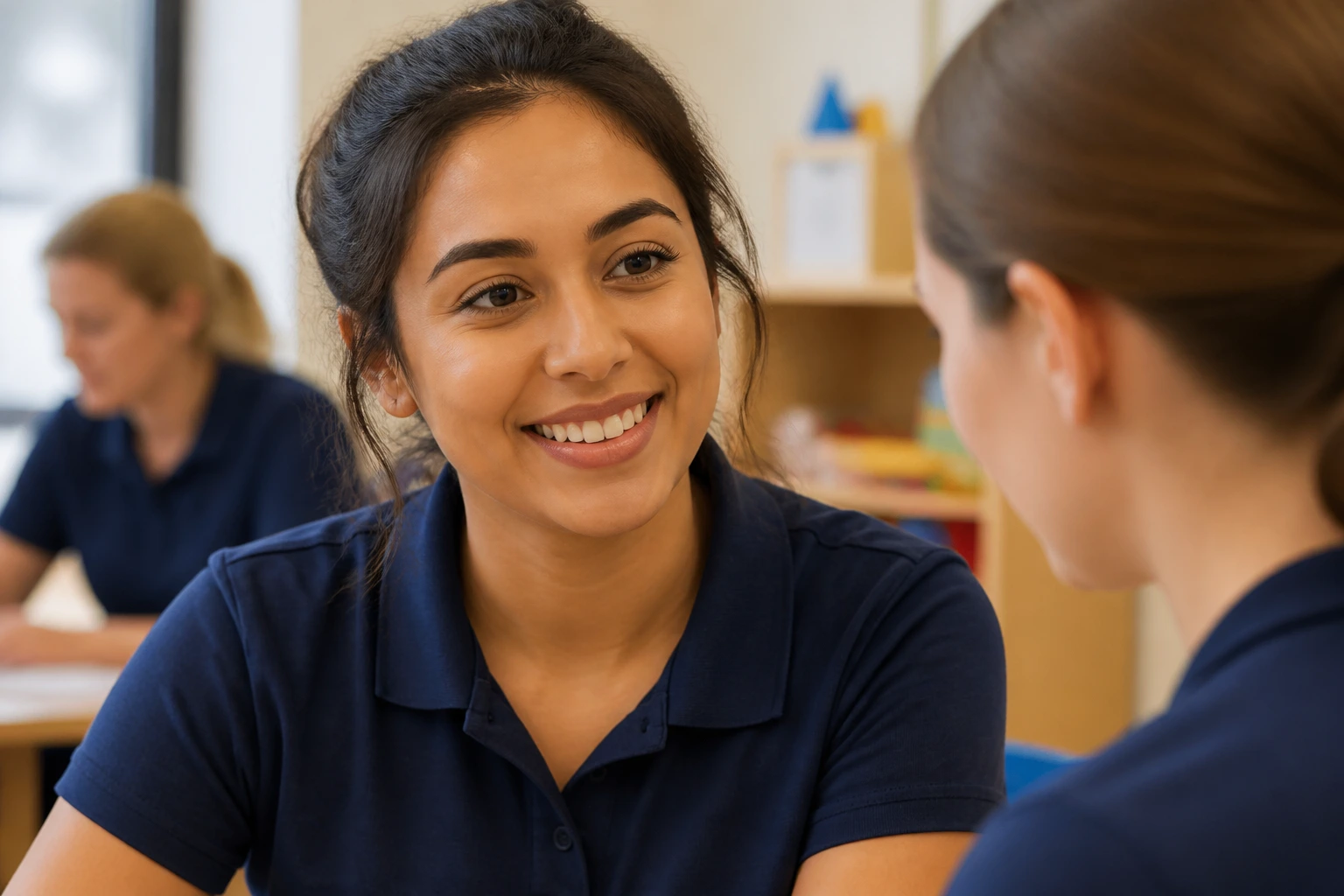 Caregiver discussing English readiness and safeguarding in a training setting.
