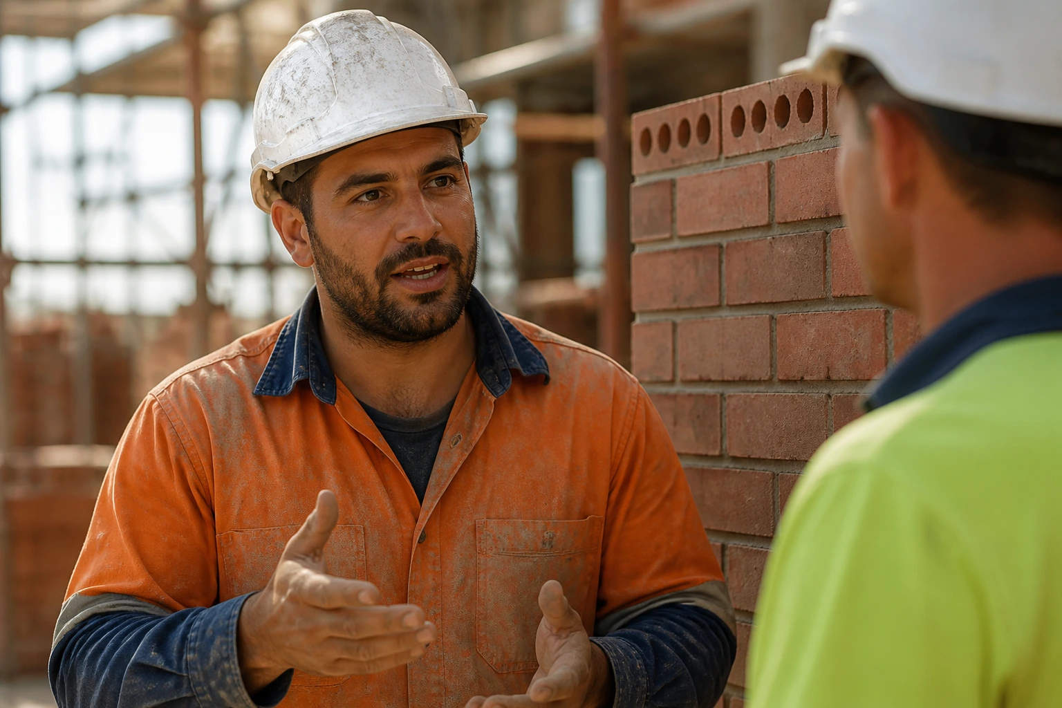 Real bricklayer on construction site speaking clearly to a colleague
