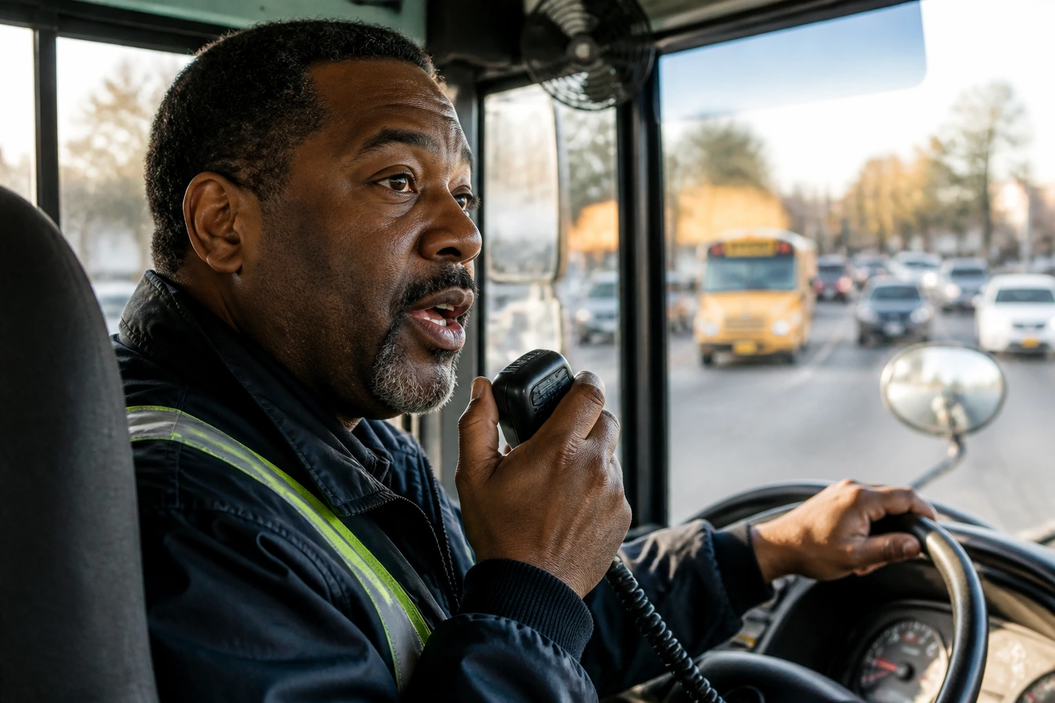 Close-up of a bus driver demonstrating clear English instruction on a morning route.