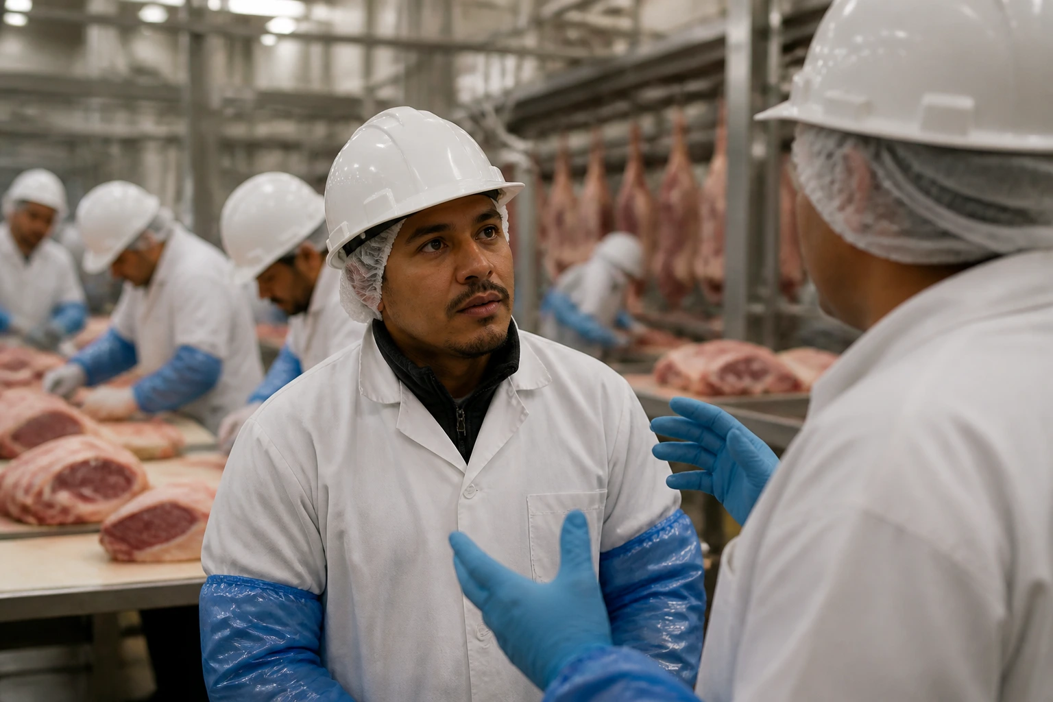 Close-up of a PPE-clad worker on the meat plant floor listening to instructions