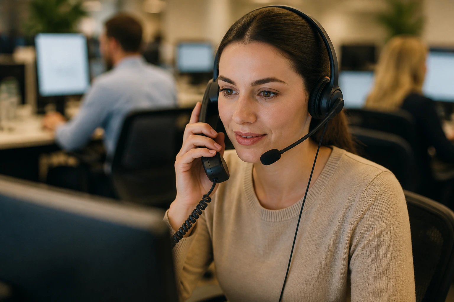 Agent on headset with calm demeanor in an office