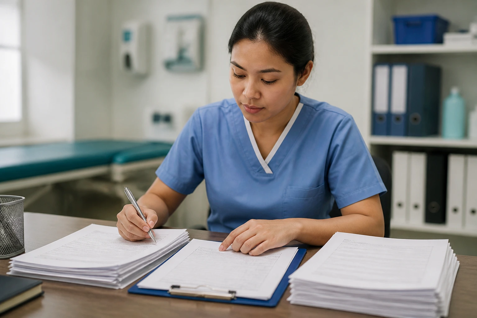 Healthcare assistant handling paperwork for DBS checks and occupational health.
