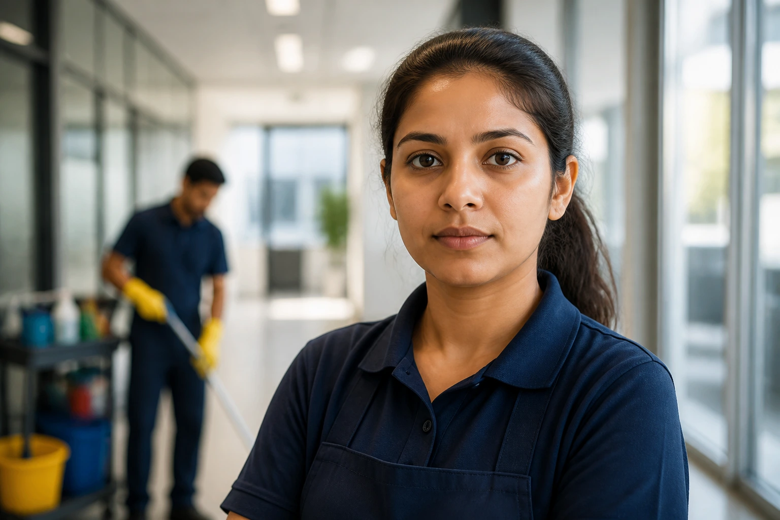 Young cleaner in uniform in bright corridor highlighting sponsorship challenges