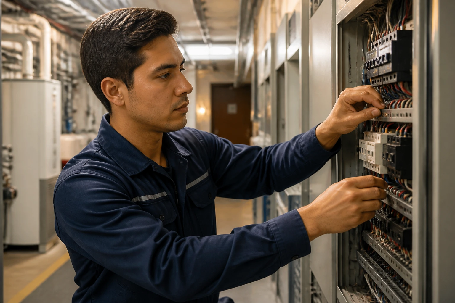 Medium close-up of a maintenance worker in uniform working on an electrical panel in a hotel mechanical room