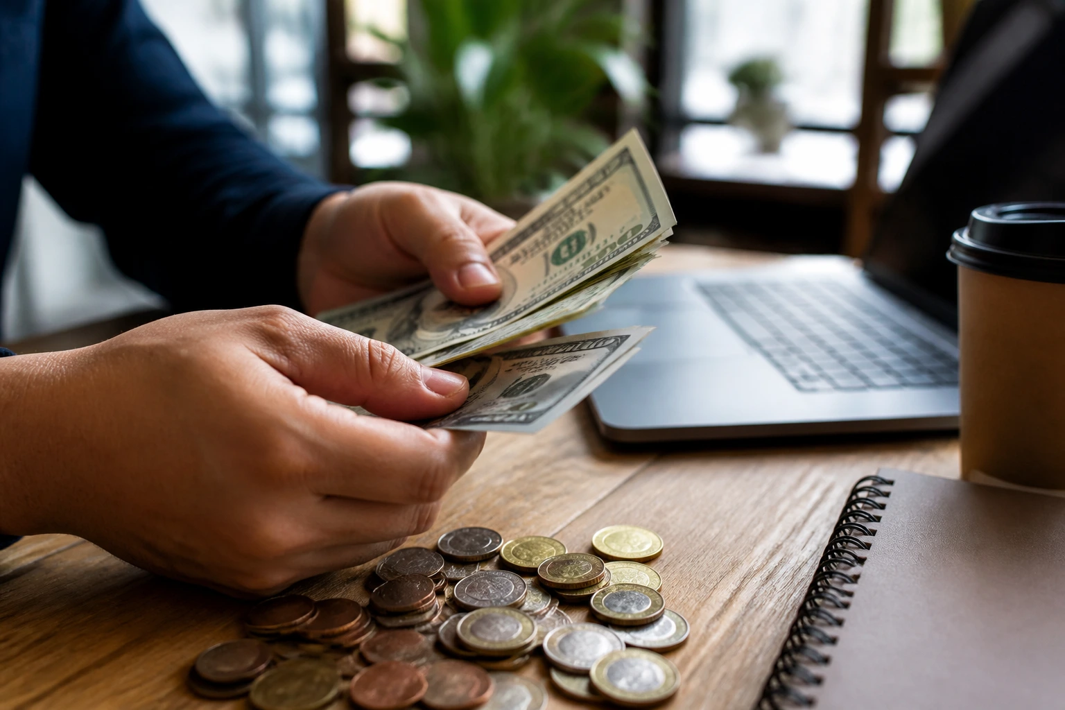 Close-up of hands counting money on an office desk, representing entry-level pay and earnings growth