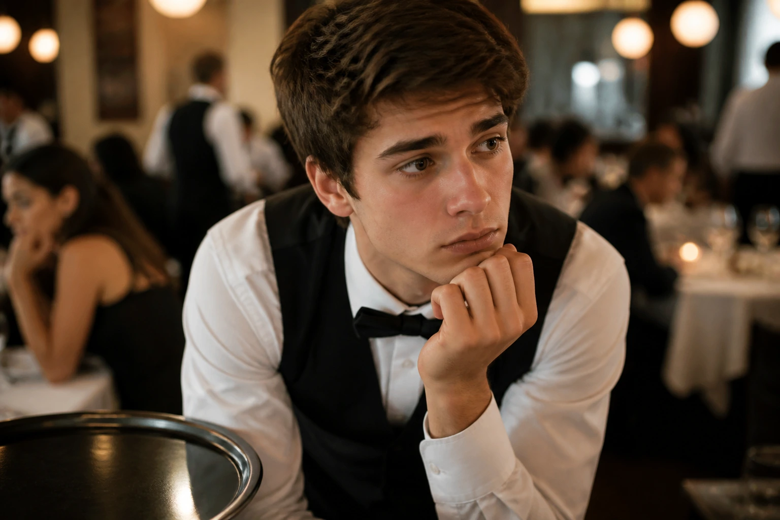 Young waiter in uniform in a busy dining room