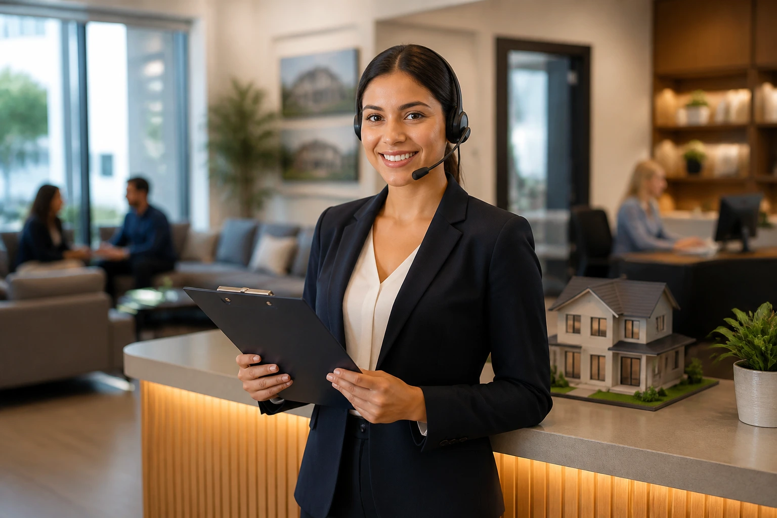 Medium shot of a real estate professional at a reception desk with a clipboard and headset.
