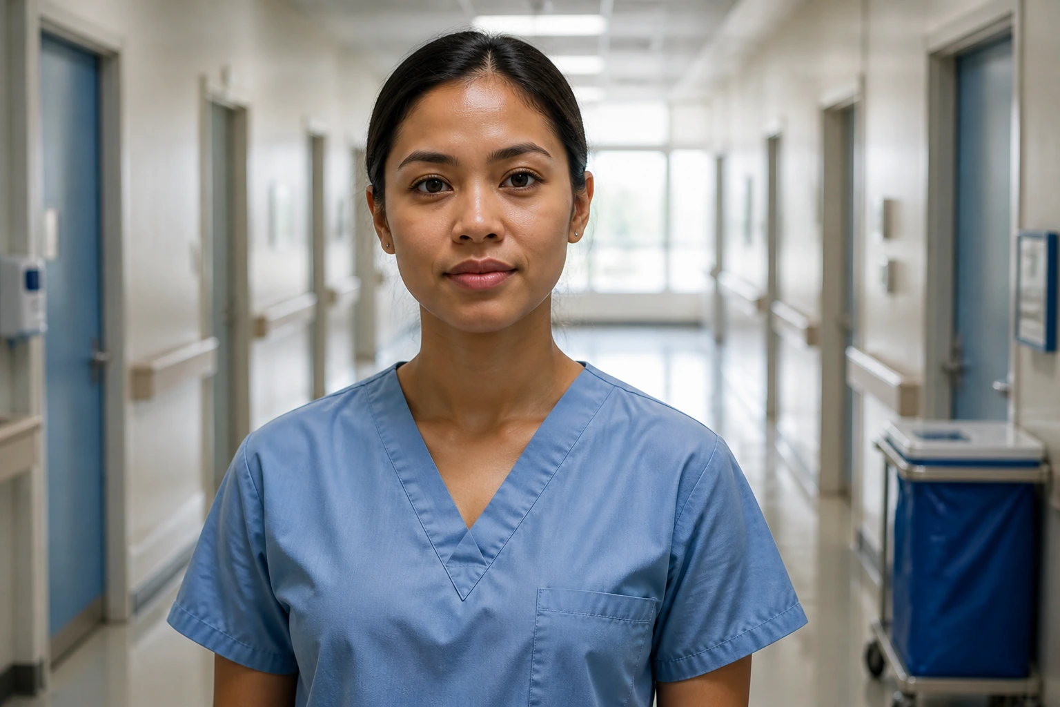 Portrait of a hopeful healthcare worker in a hospital corridor representing smarter entry routes