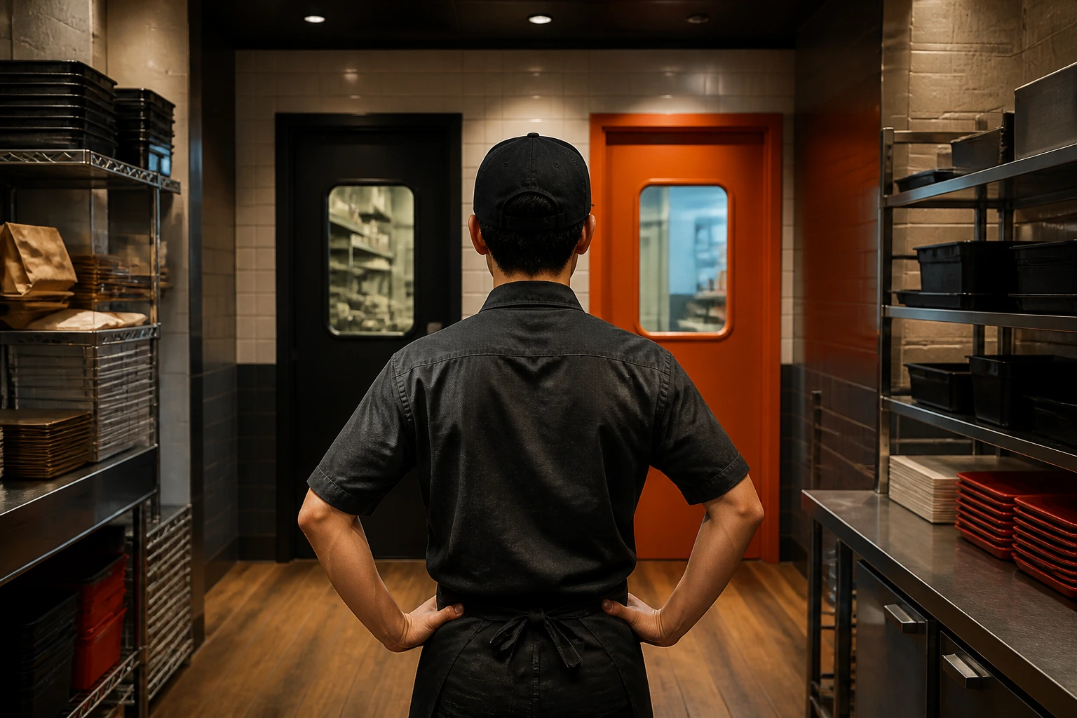Person in fast-food back area choosing a smarter entry path