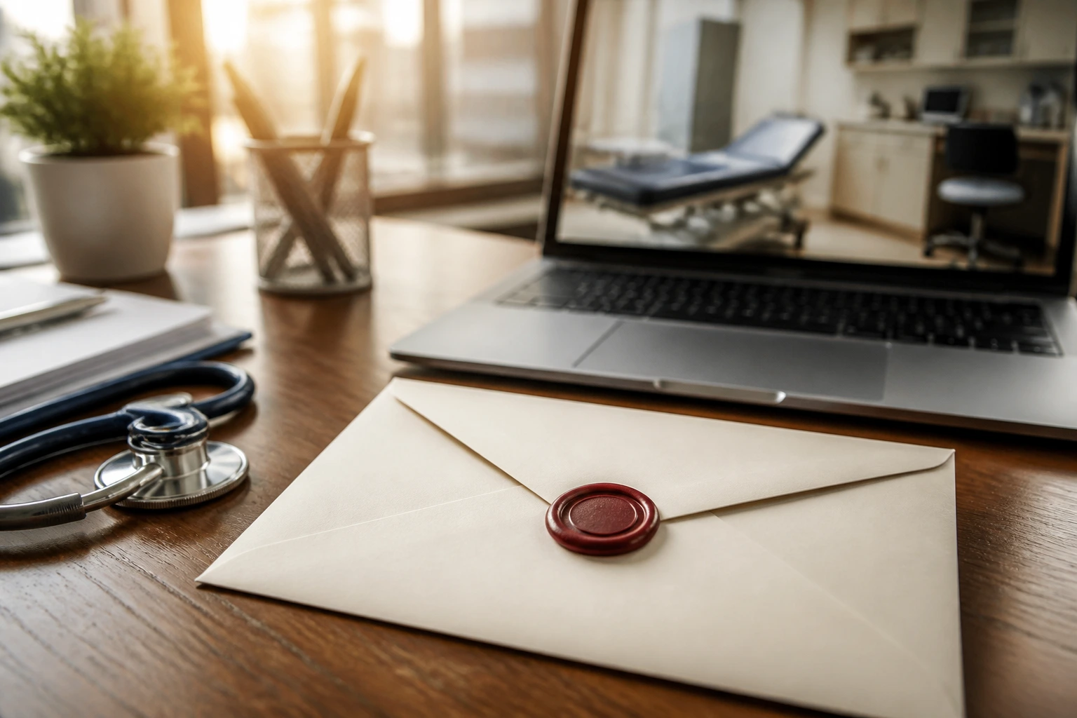 Sealed envelope on desk with laptop in an office setting