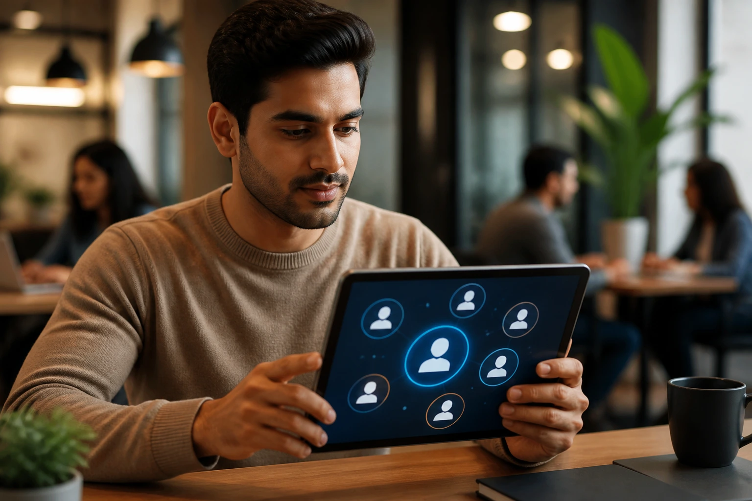 Applicant holding tablet with abstract pool icons in coworking space