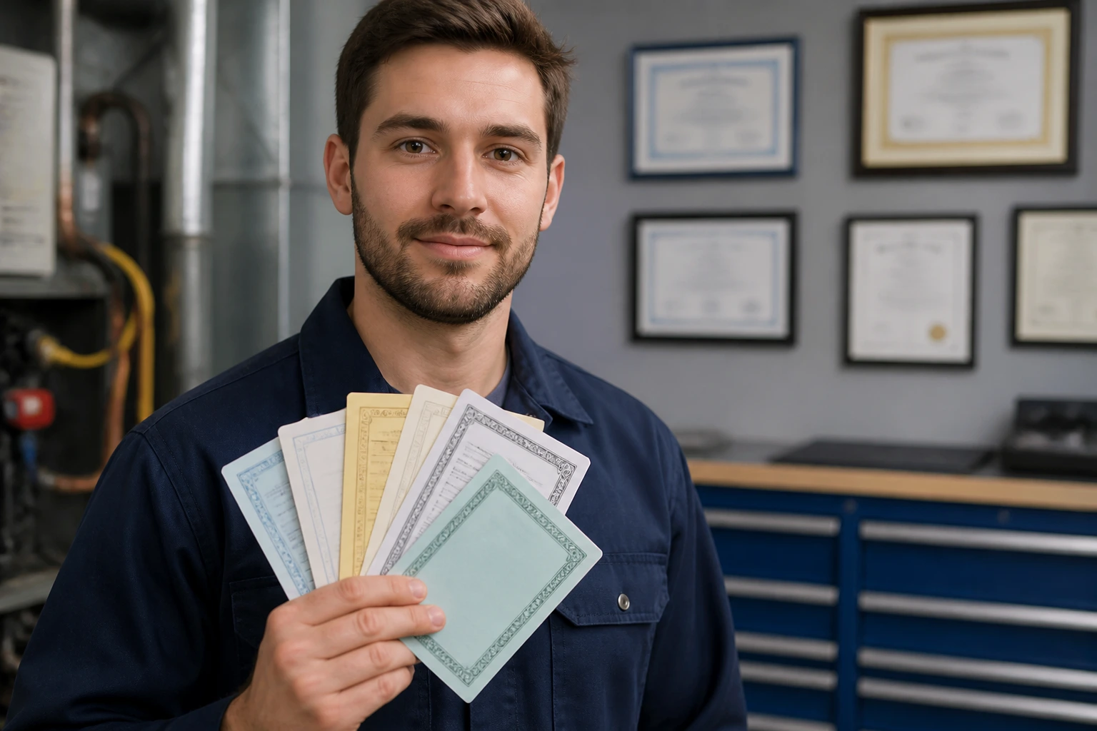 HVAC technician with blurred background of licensing certificates