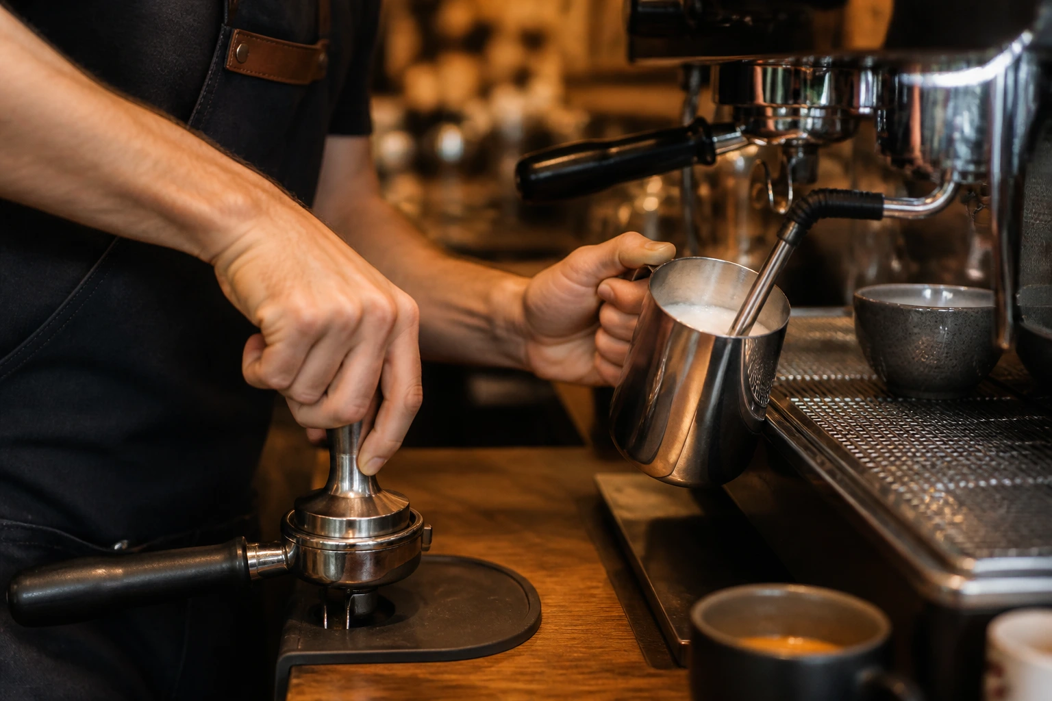 Close-up of barista hands demonstrating espresso extraction and milk texturing