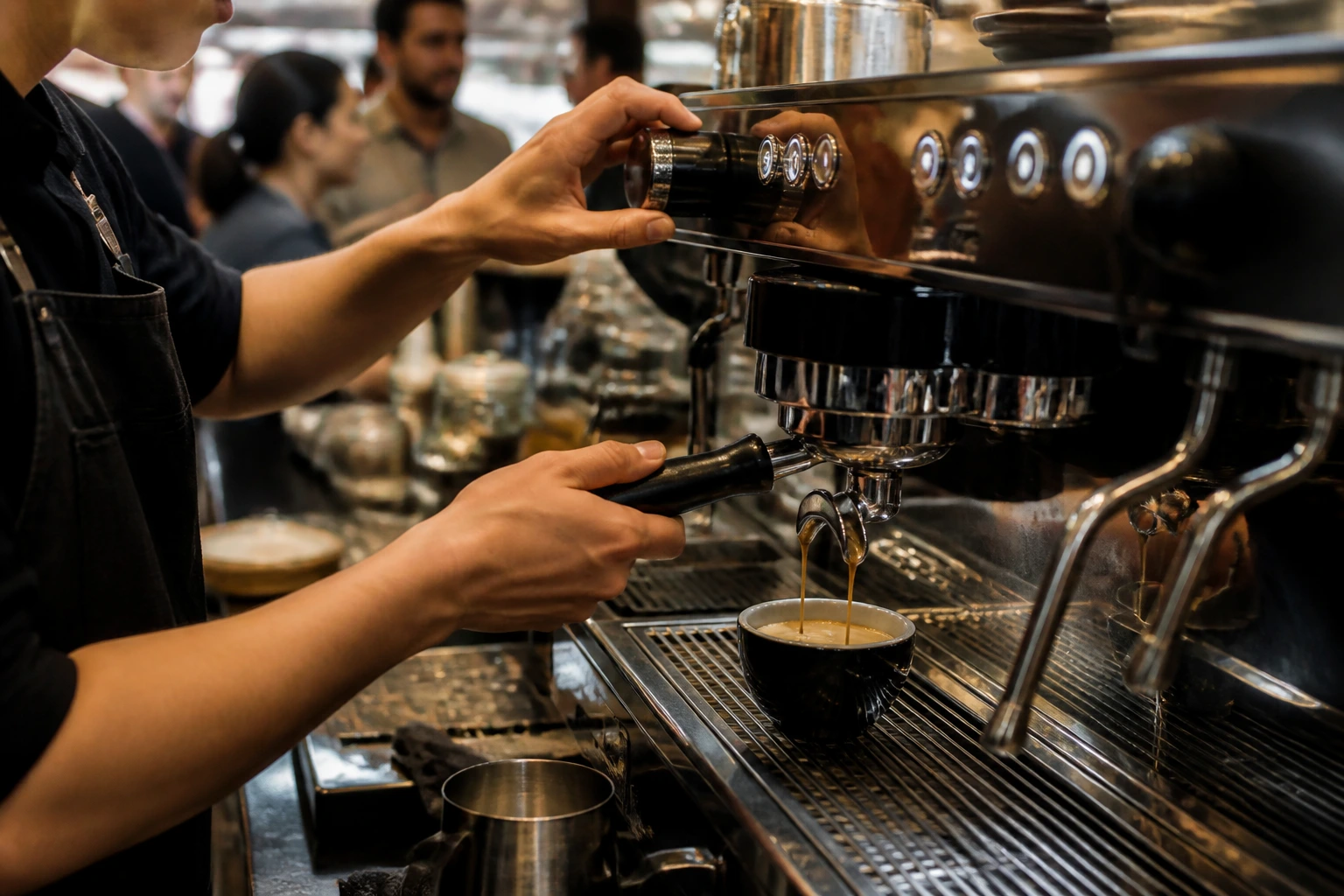 Hands performing a coffee test on an espresso machine