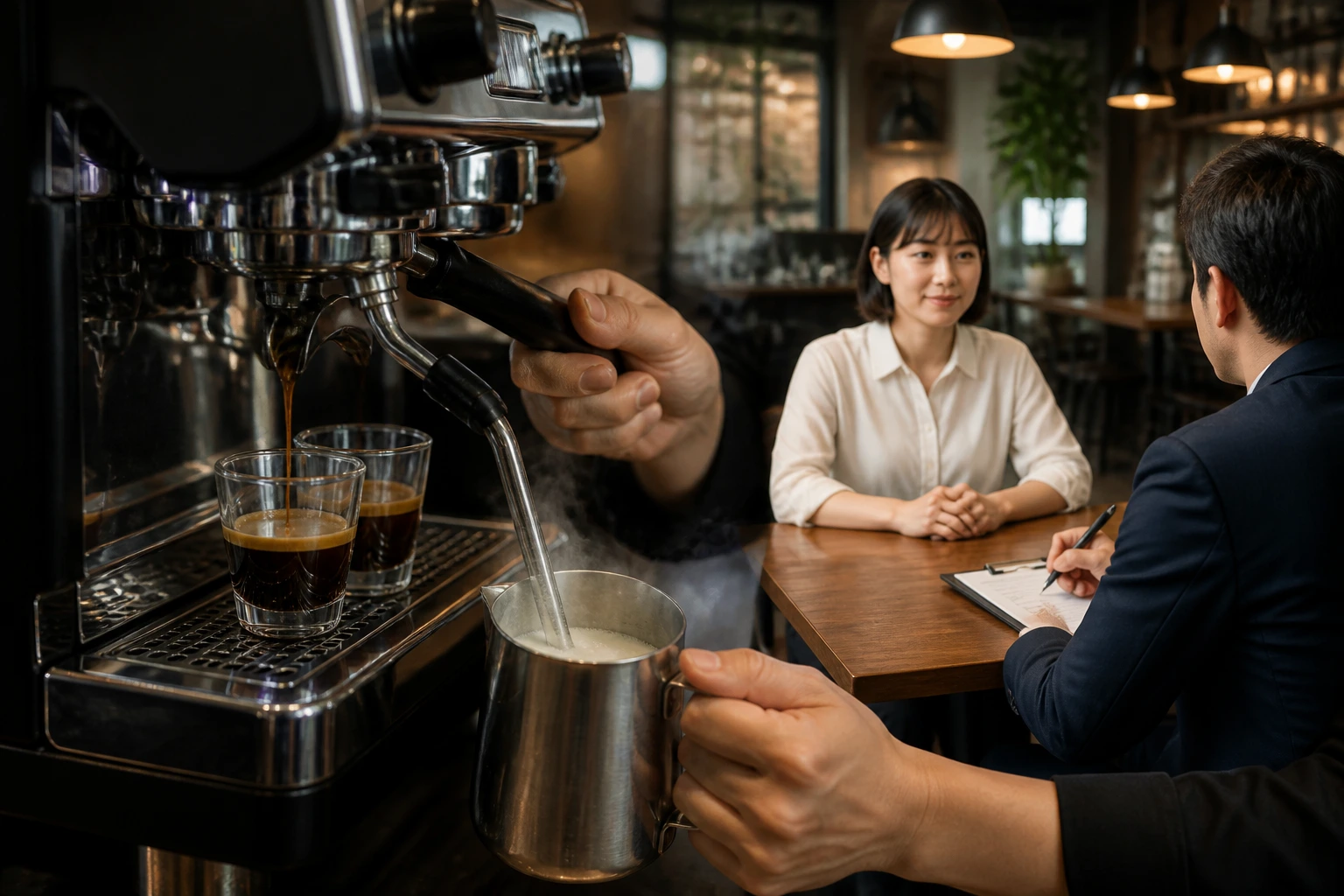 Close-up of a barista's hands pulling an espresso shot and steaming milk in a cafe setting