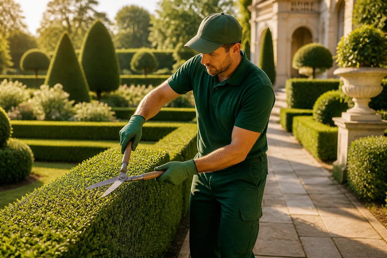 Estate gardener pruning hedge in formal garden
