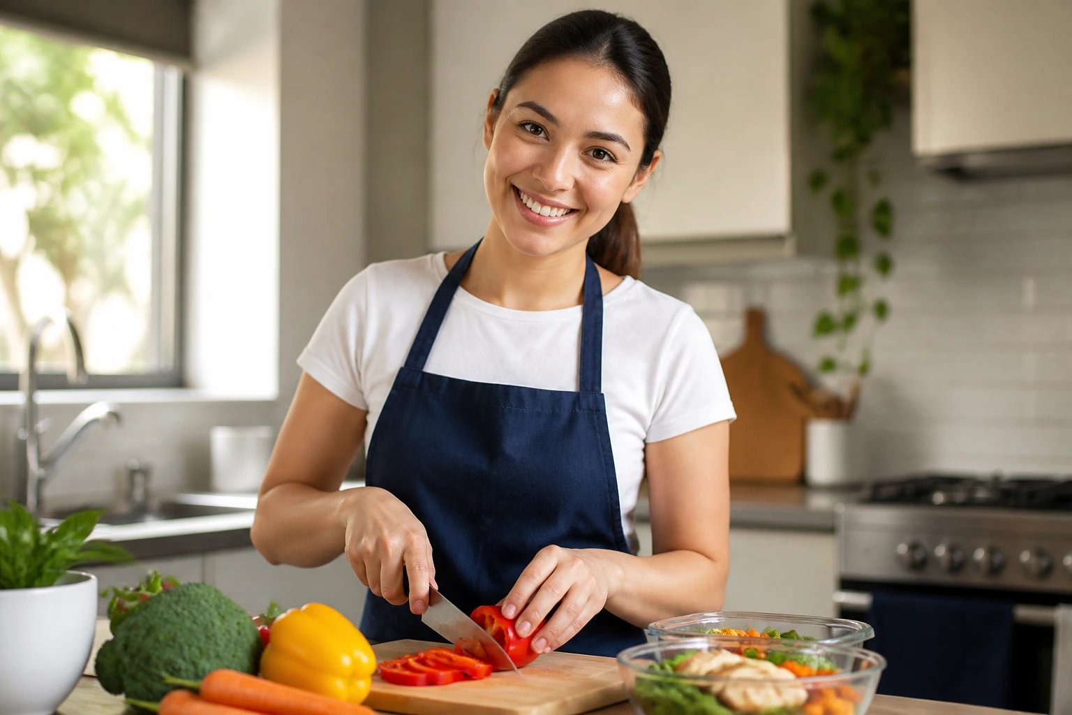 Caregiver candidate portrait in a kitchen demonstrating everyday skills