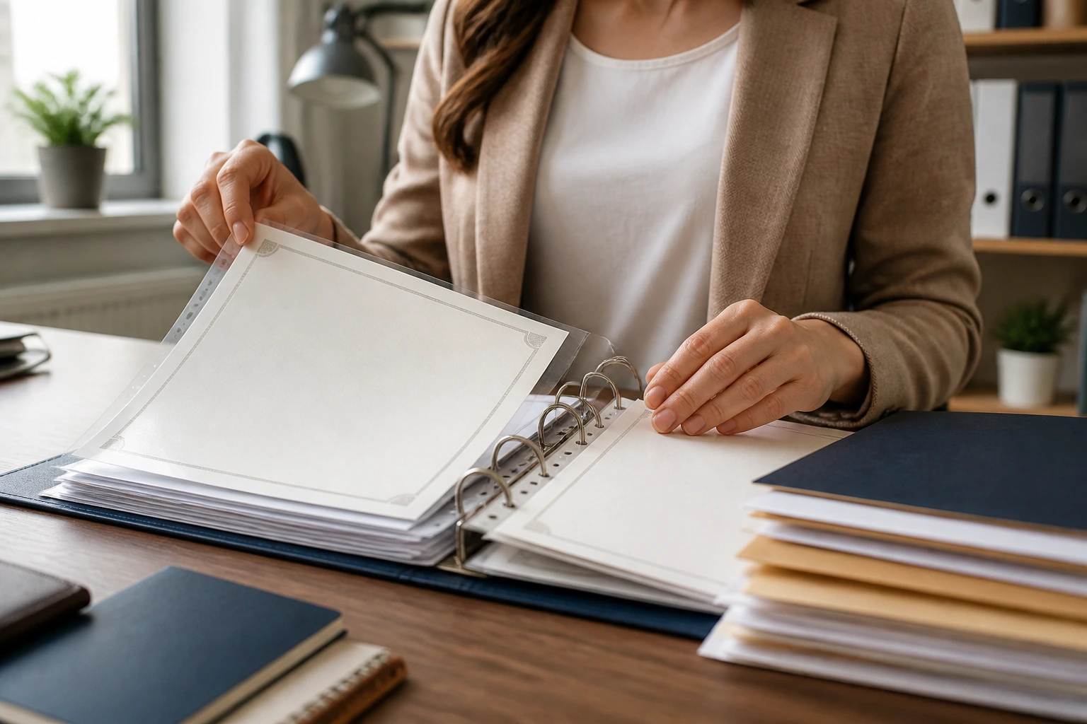 Close-up of hands organizing blank documents into a binder for UK visa evidence portfolio