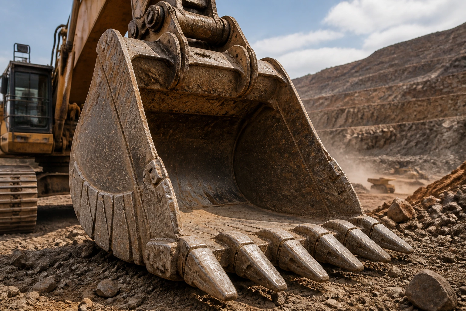 Close-up of a large excavator bucket in a mining quarry