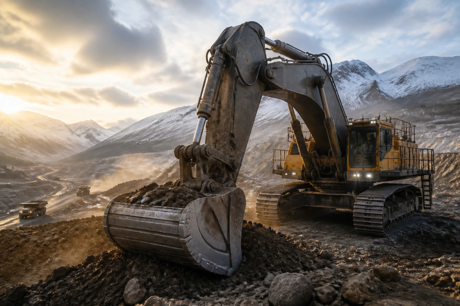Massive excavator on remote Canadian jobsite at dawn, highlighting heavy equipment market realities