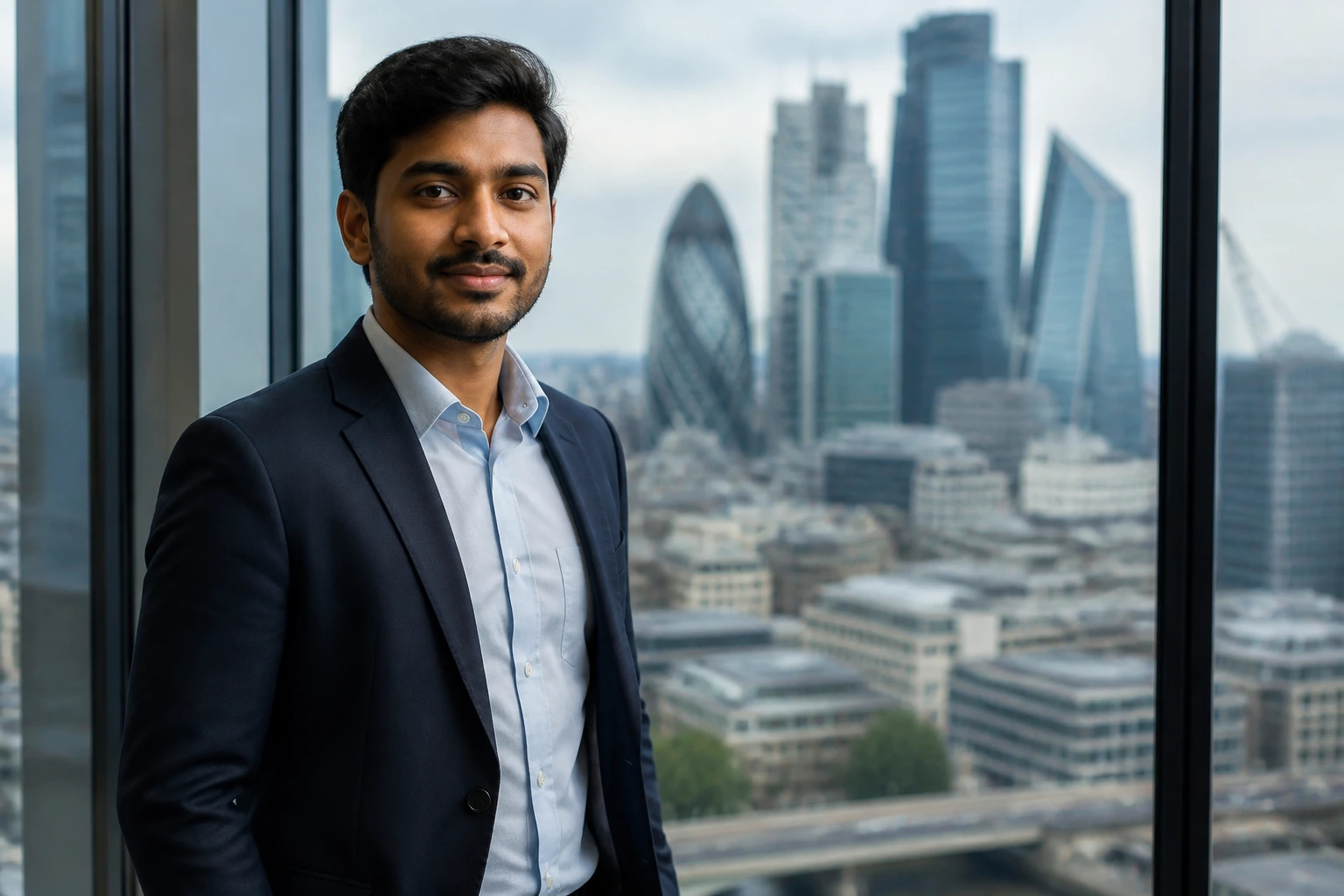 Portrait of an expat financial analyst with UK cityscape in the background
