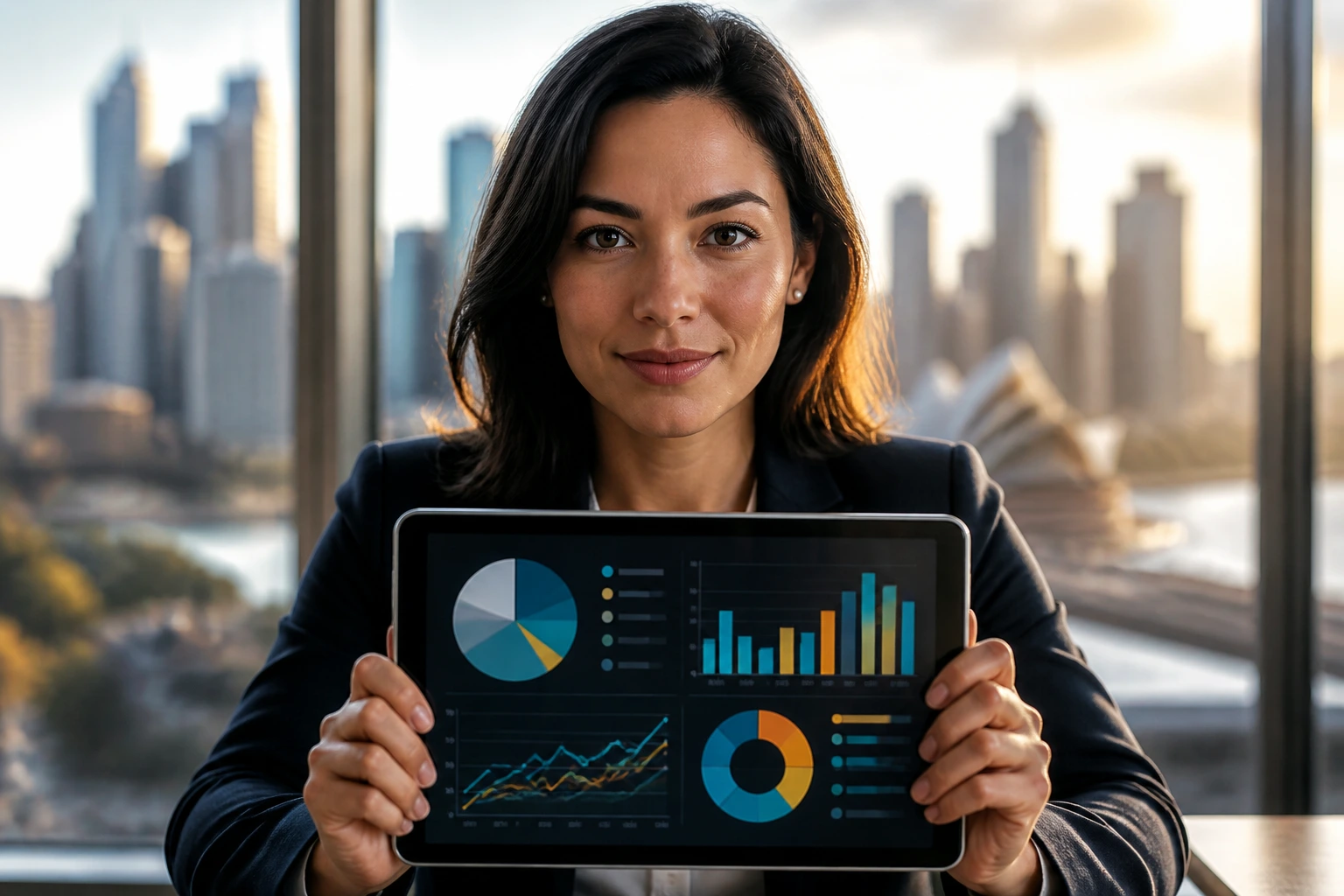 Close-up portrait of a professional examining abstract salary graphs against an urban backdrop