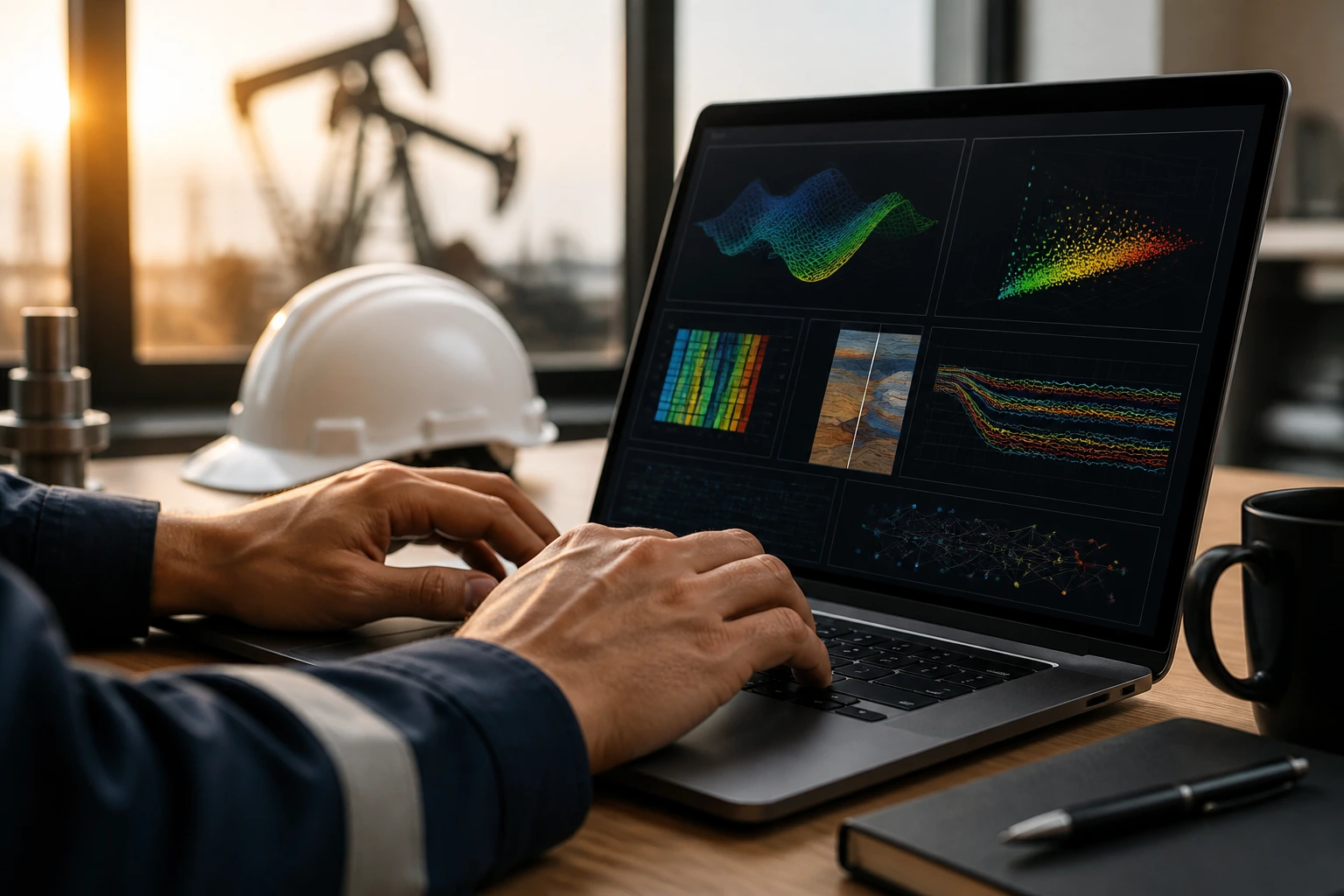 Hands at a laptop with abstract data visuals