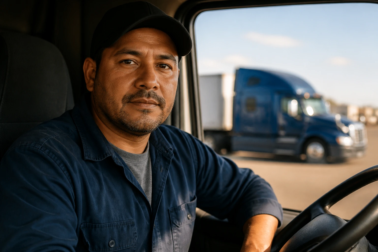 Close-up portrait of an experienced truck driver with a confident expression