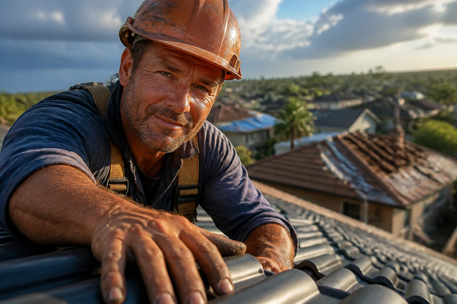 Experienced roofer on a pitched roof with weathered hands