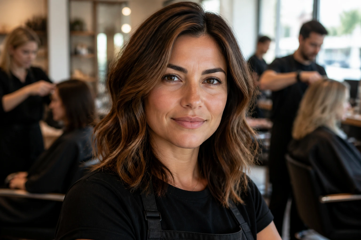 Close-up portrait of an experienced hairstylist in a bustling salon