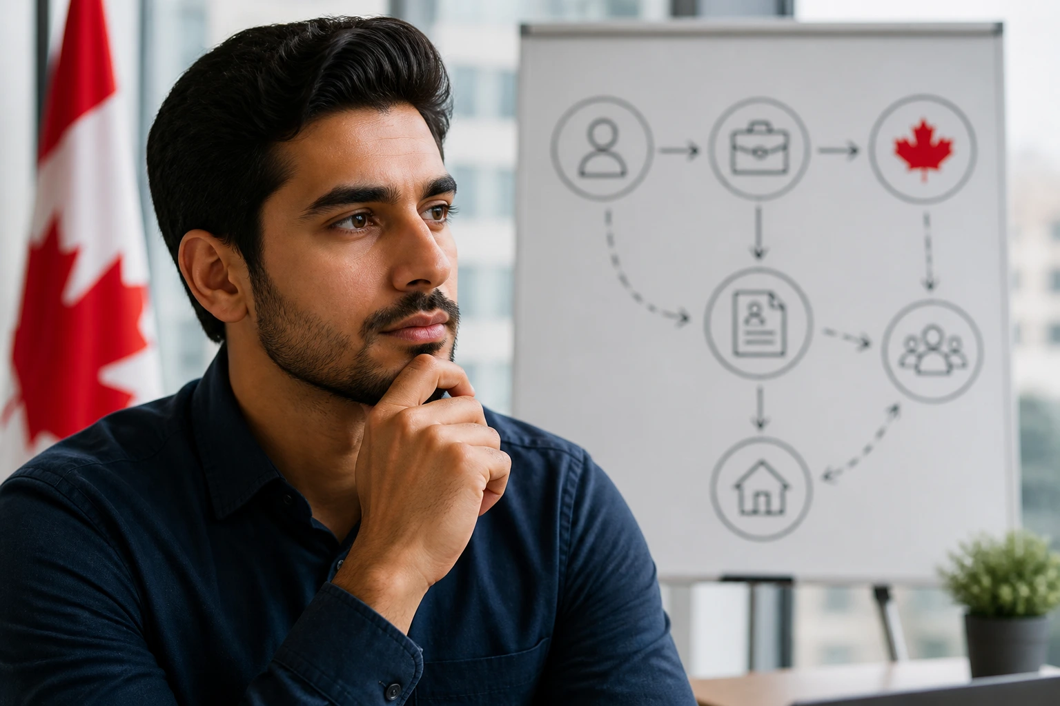 Thoughtful professional in a Canada immigration planning setting