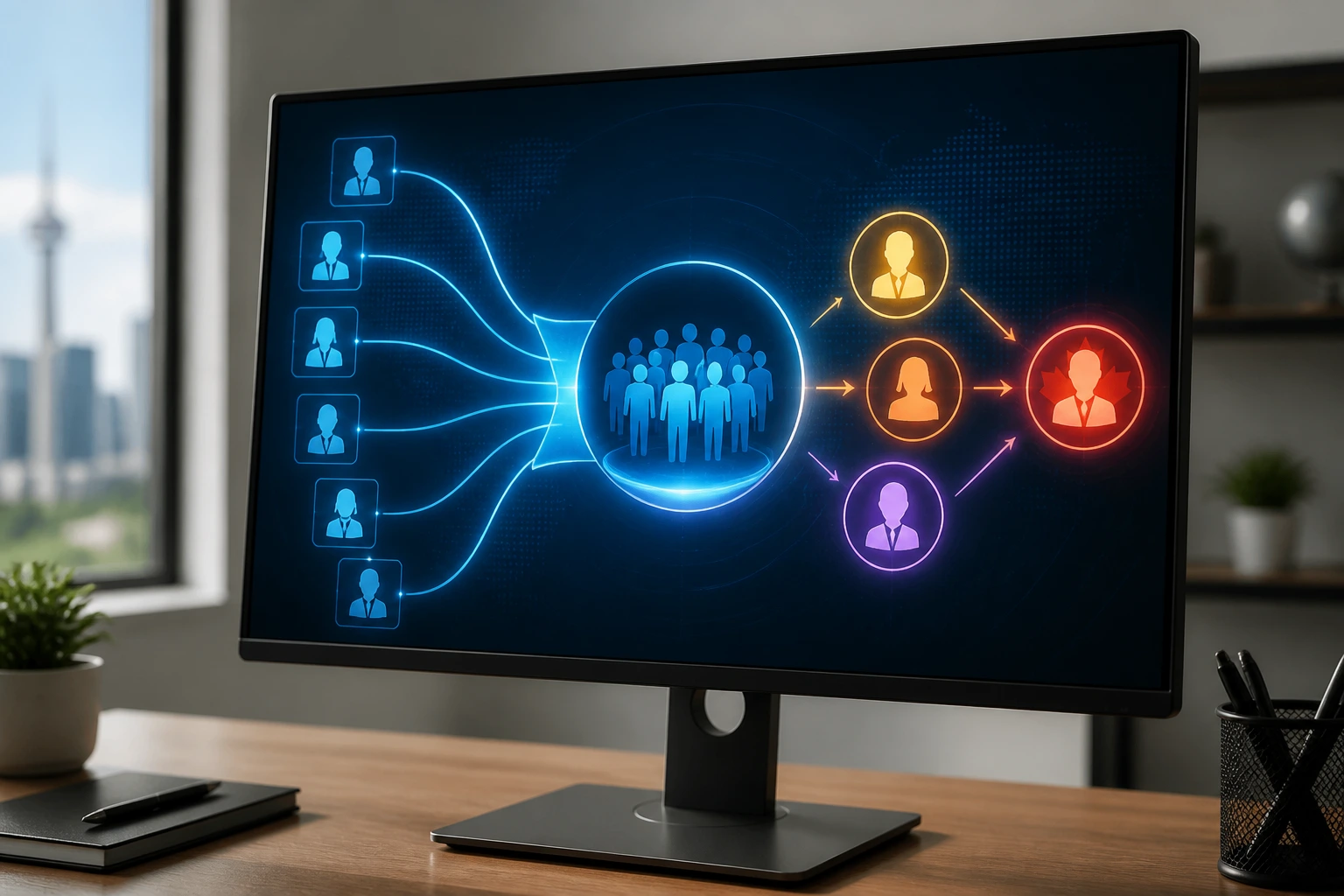 Close-up of a computer monitor showing an abstract flow diagram representing the Express Entry pool