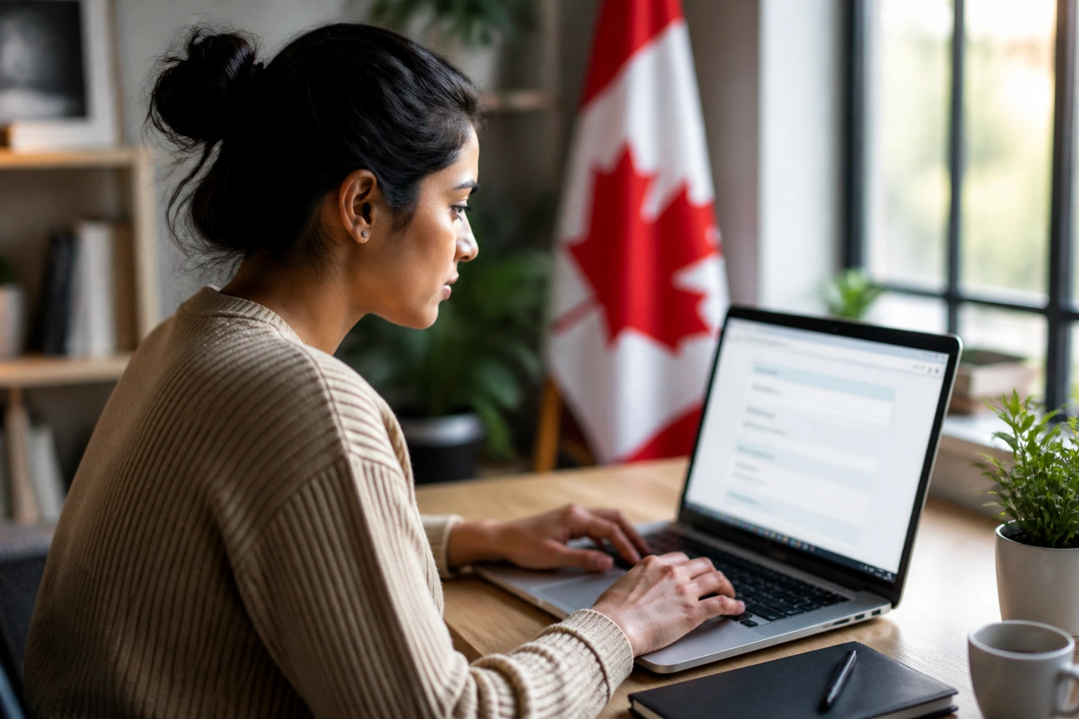 Close-up portrait of a person at a desk typing on a laptop, representing Express Entry profile creation