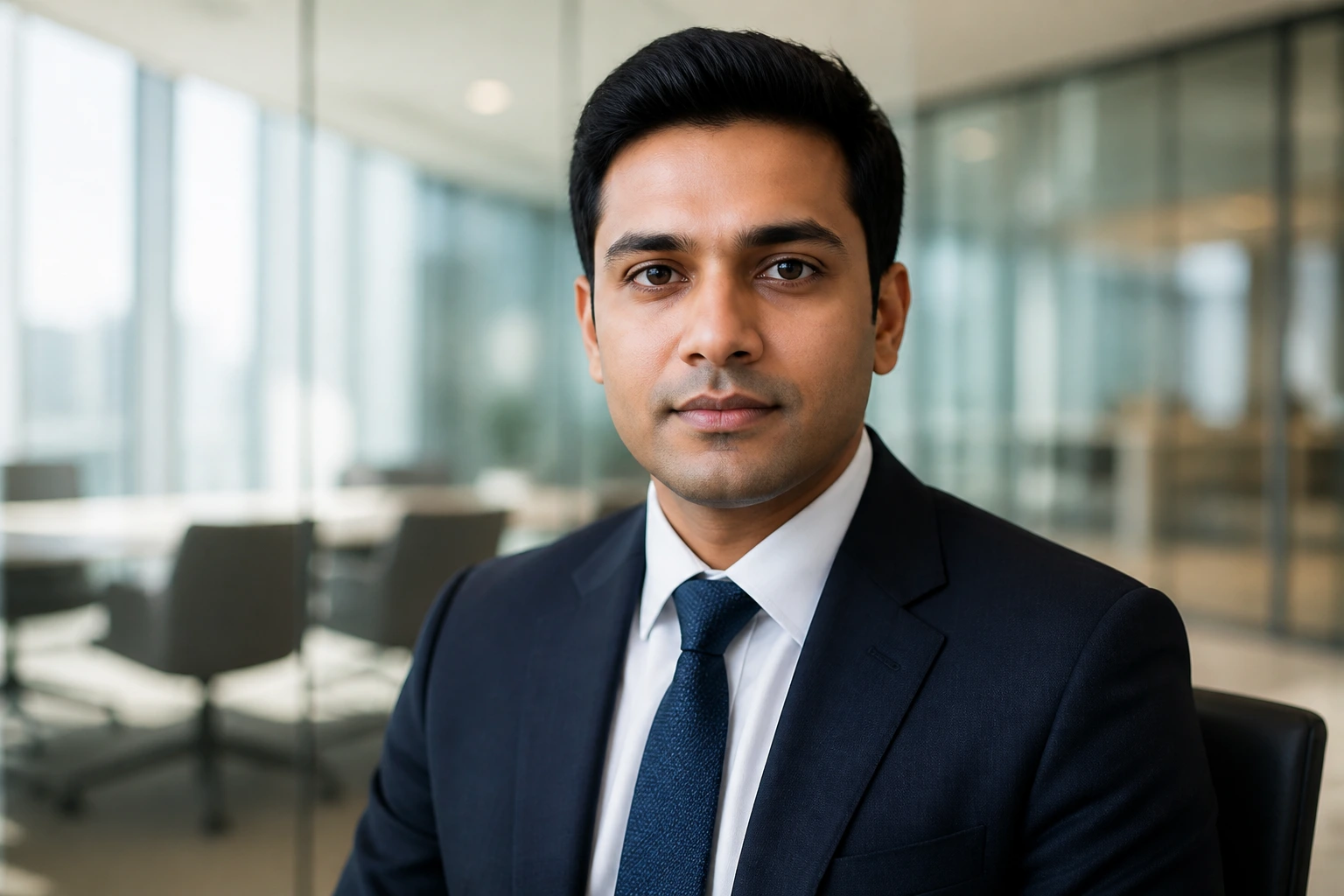 Portrait of a professional representing EY in a modern office, head-and-shoulders, natural daylight