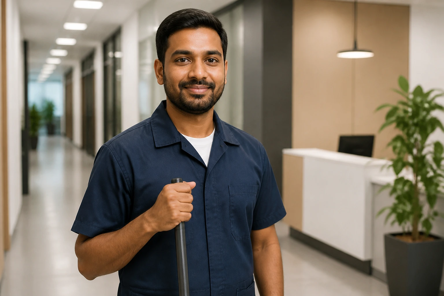Close-up of a facilities assistant in a hallway