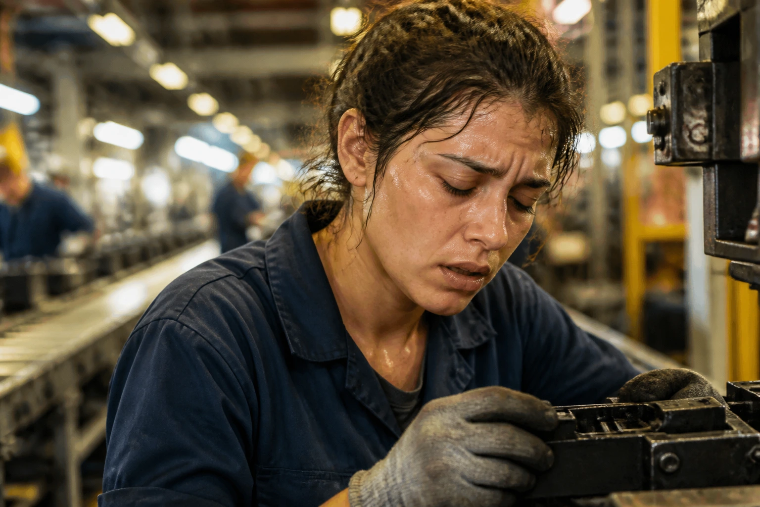 Close-up portrait of a factory worker on the production line showing fatigue and focus