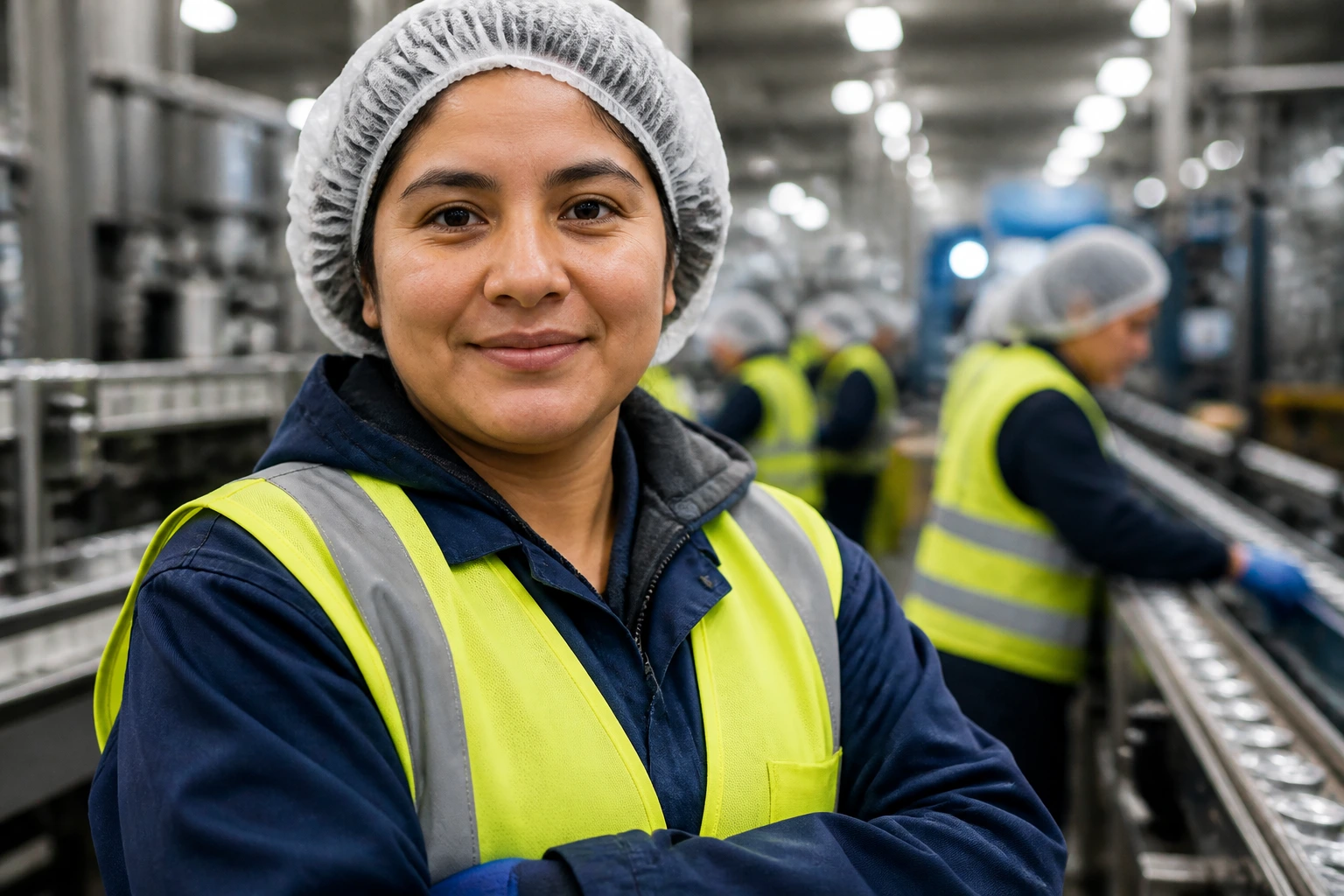 Real factory worker in PPE on a busy production floor