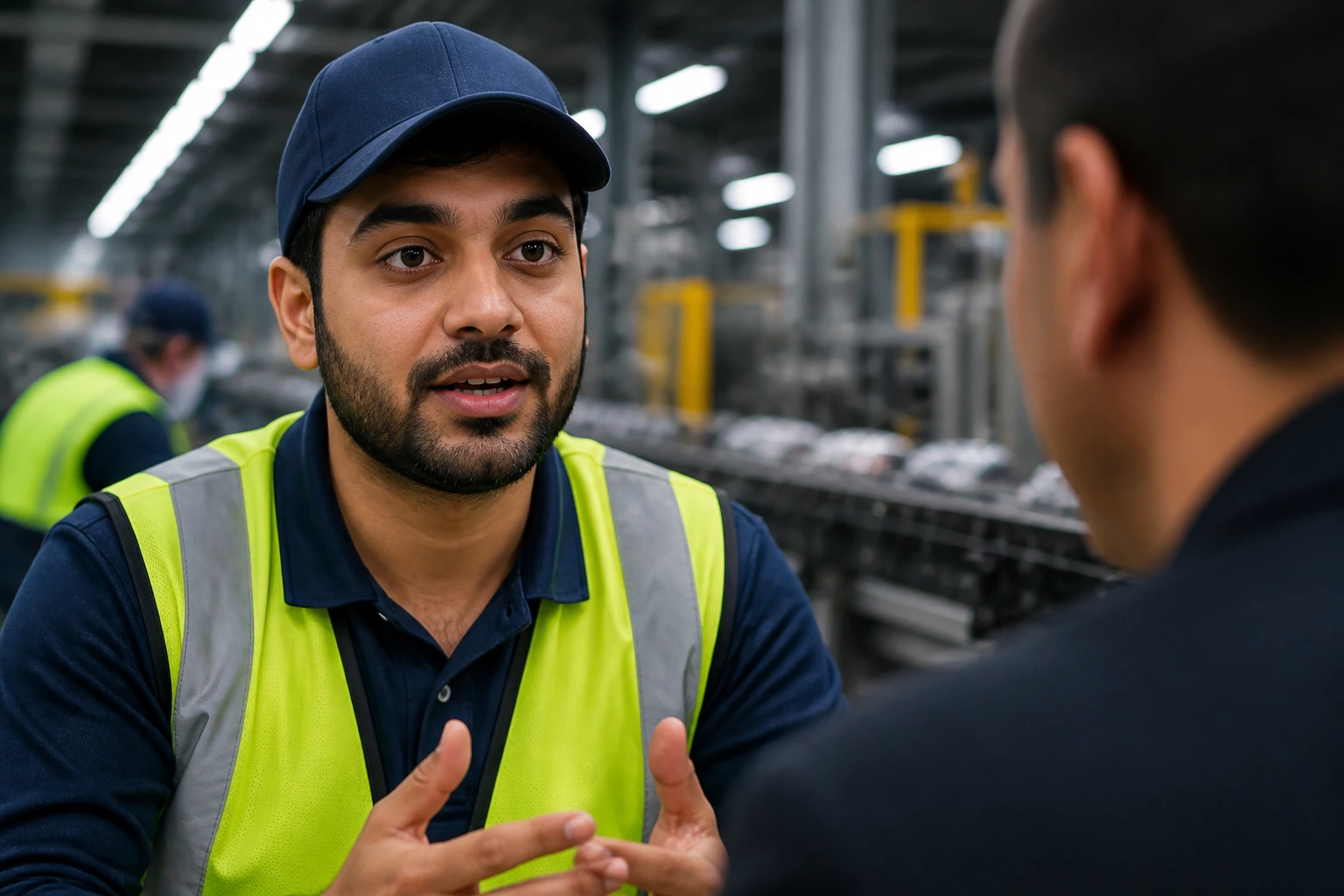 Real worker answering questions in a factory interview