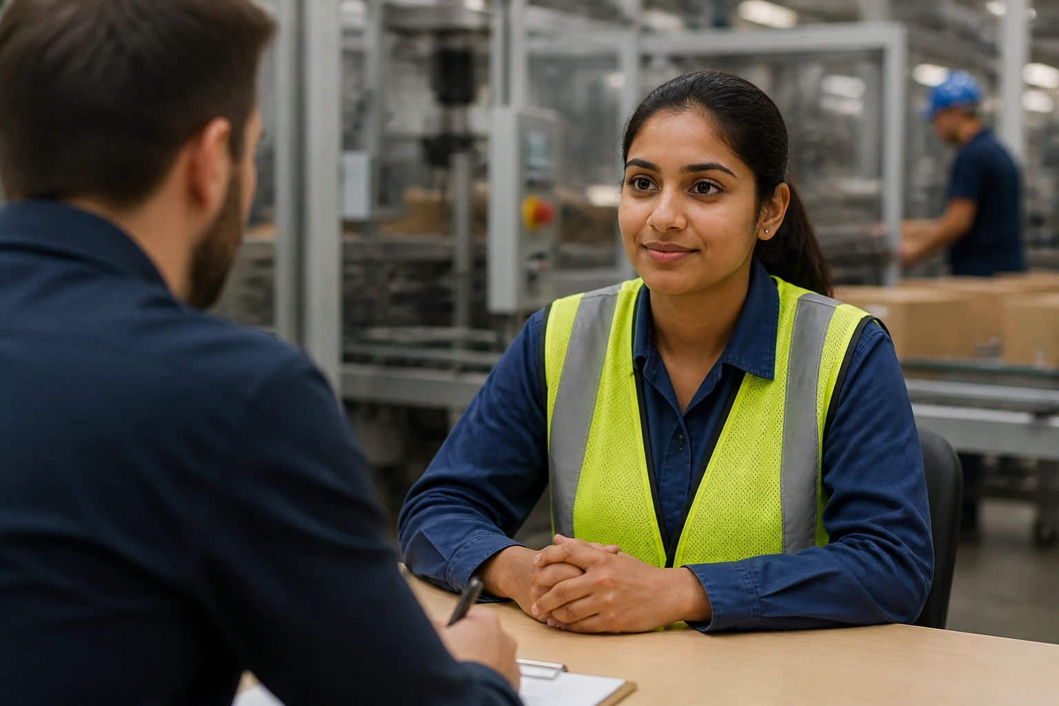 Candidate in factory interview setting facing interviewer