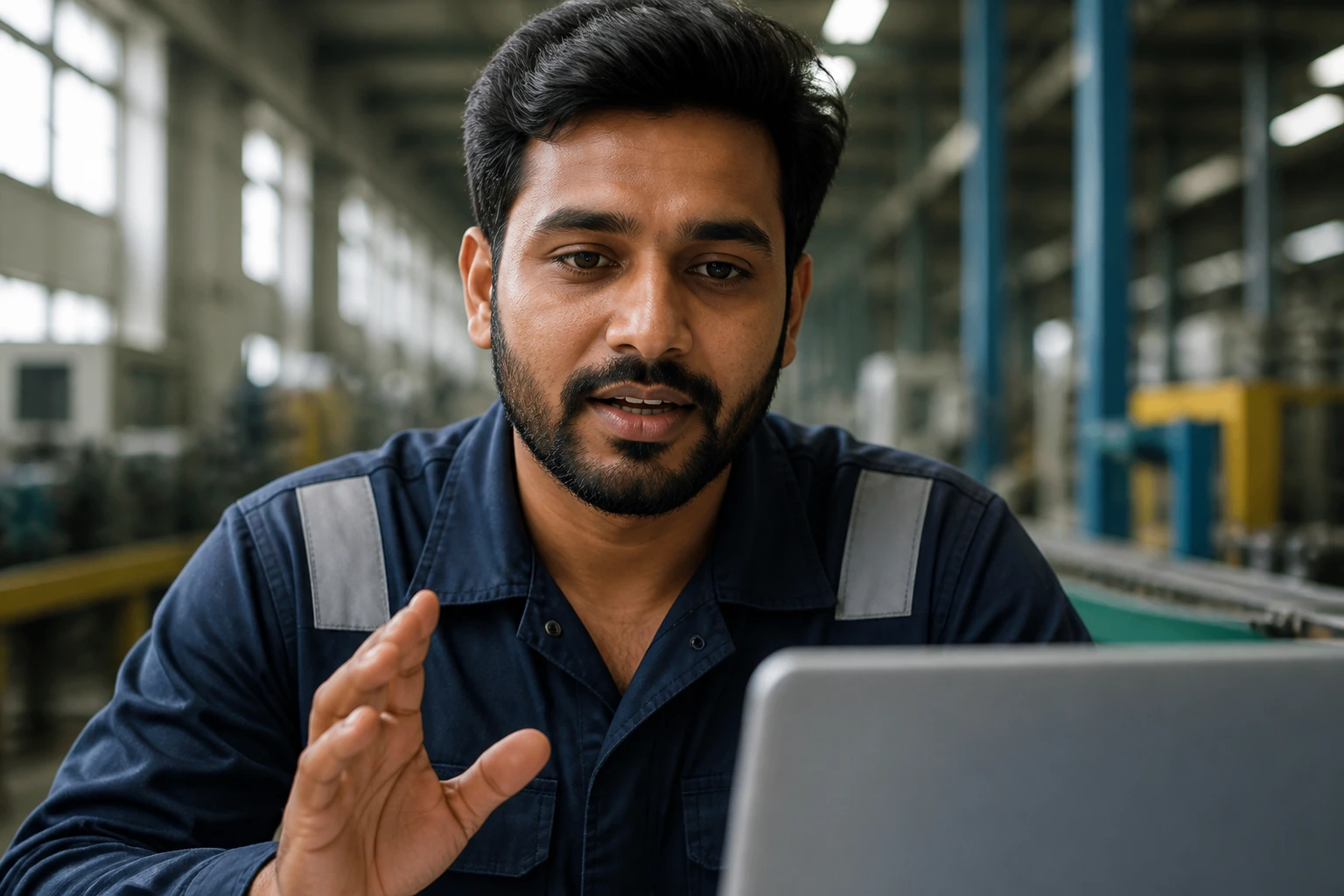 Portrait of a real candidate during a video interview with a factory setting blurred behind