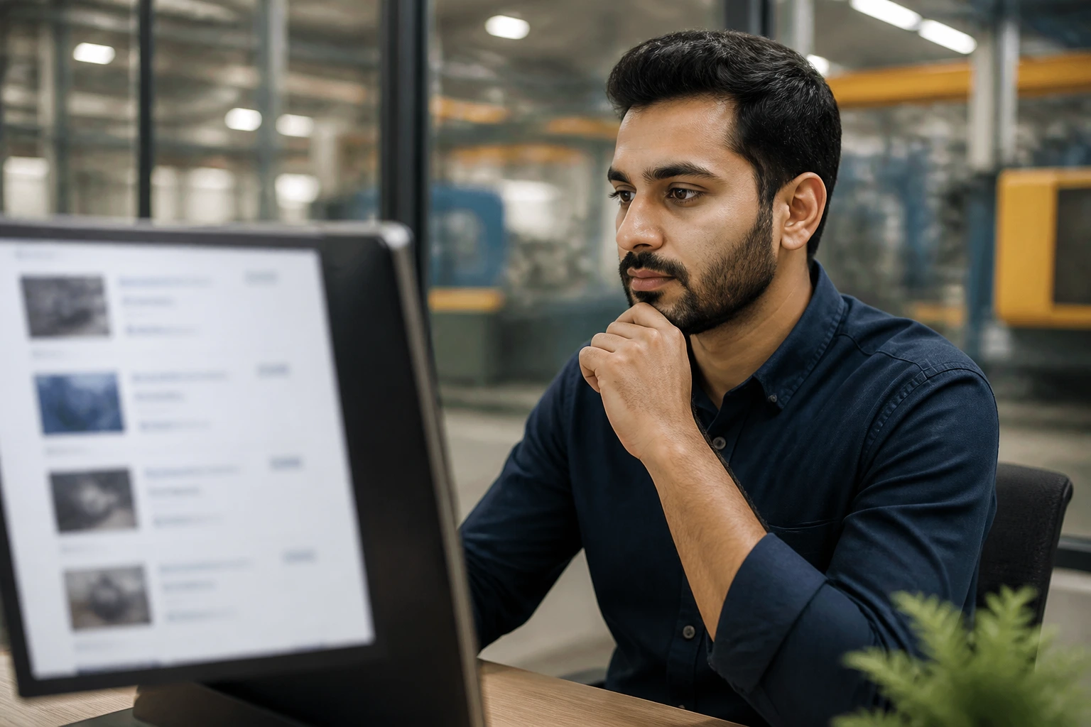 Person looking at blurred job postings on computer screen in an industrial office