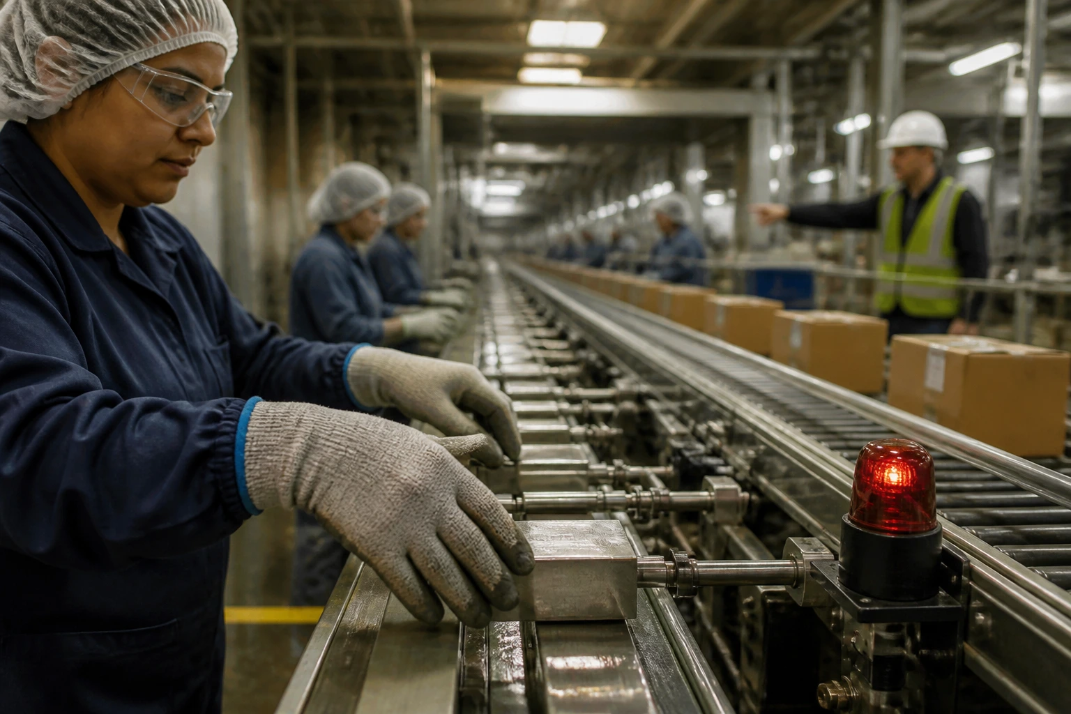 Close-up of gloved hands on an assembly line in a factory