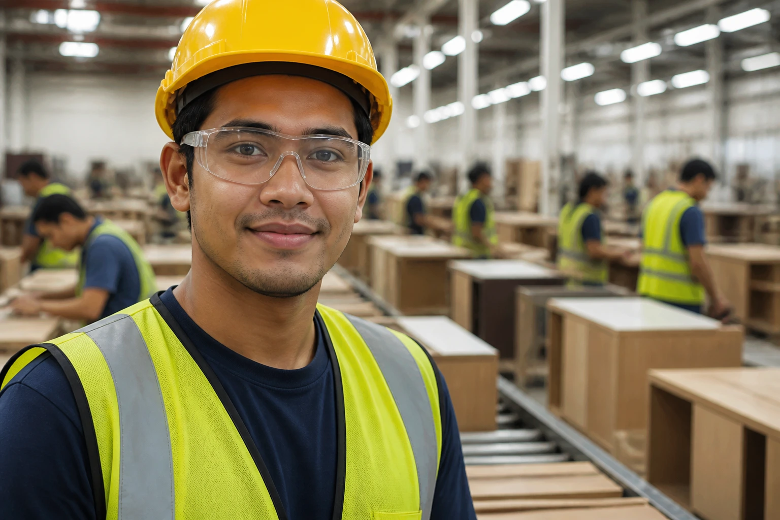 Close-up of a new furniture assembler on a factory floor in PPE, ready to start work.