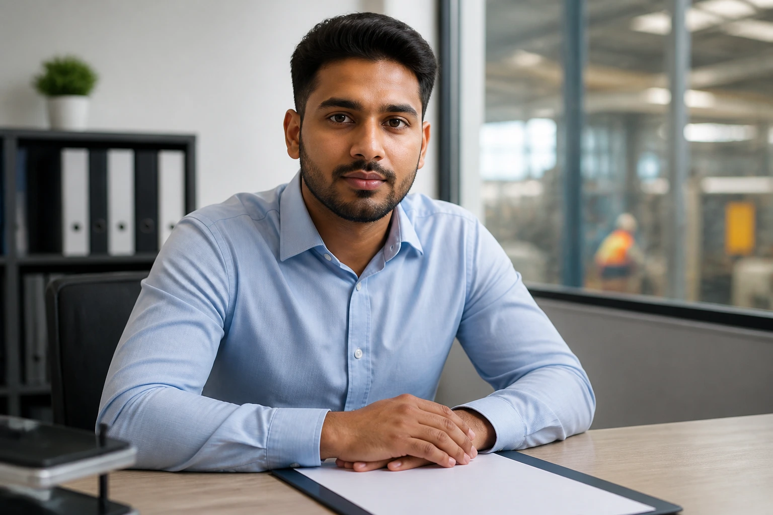 Portrait of a candidate reviewing a factory resume in an office