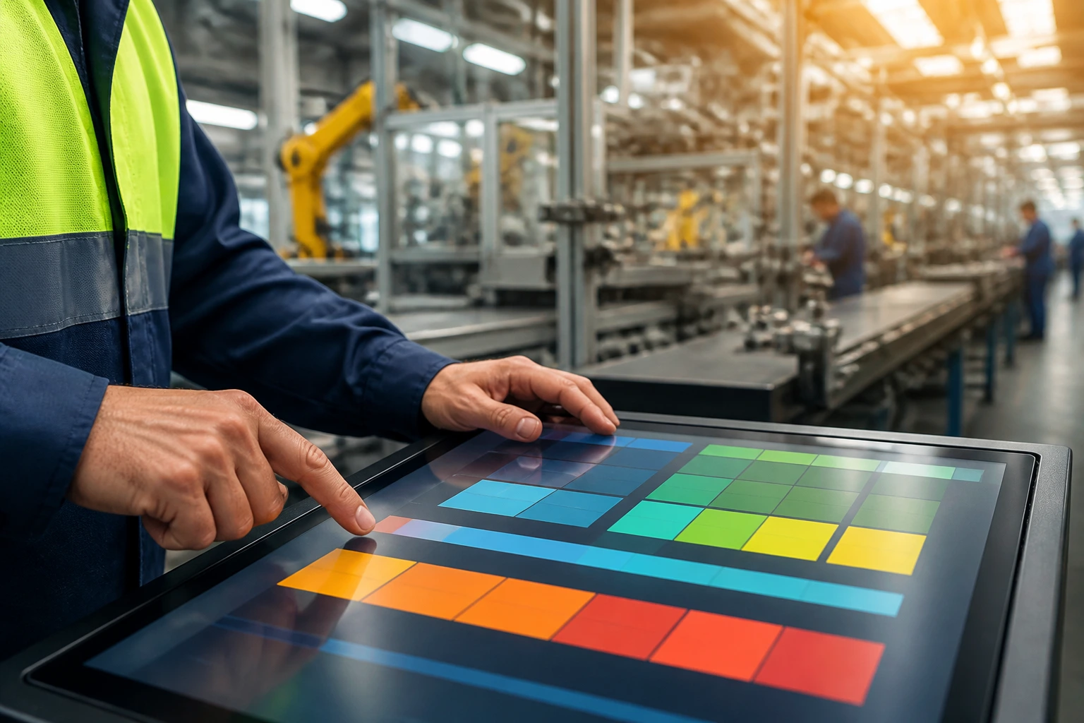 Close-up of hands over a color-coded display on a factory floor
